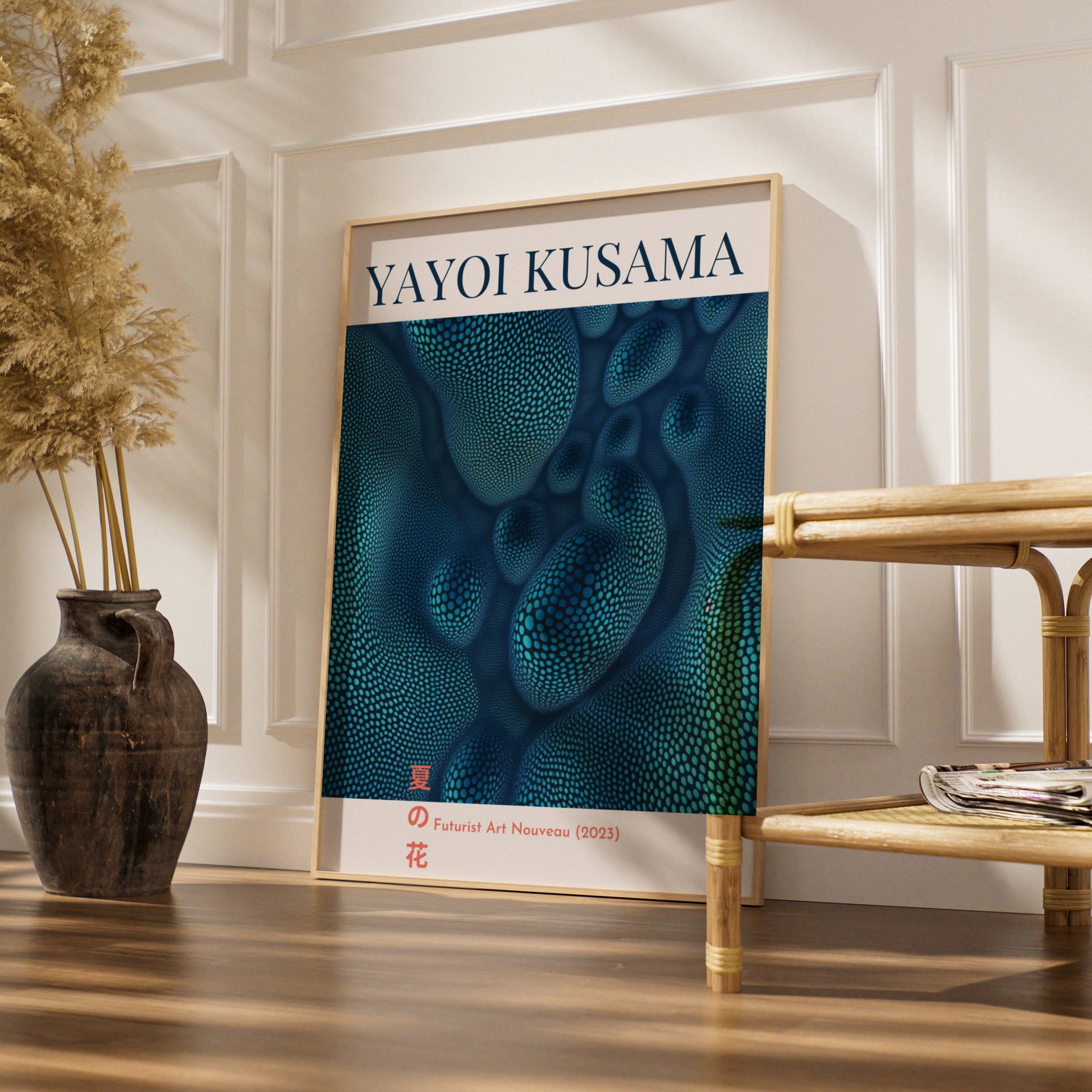 Yayoi Kusama Maximalist Poster, Blue Dot Wall Art, Japanese Futurist Art Nouveau Print