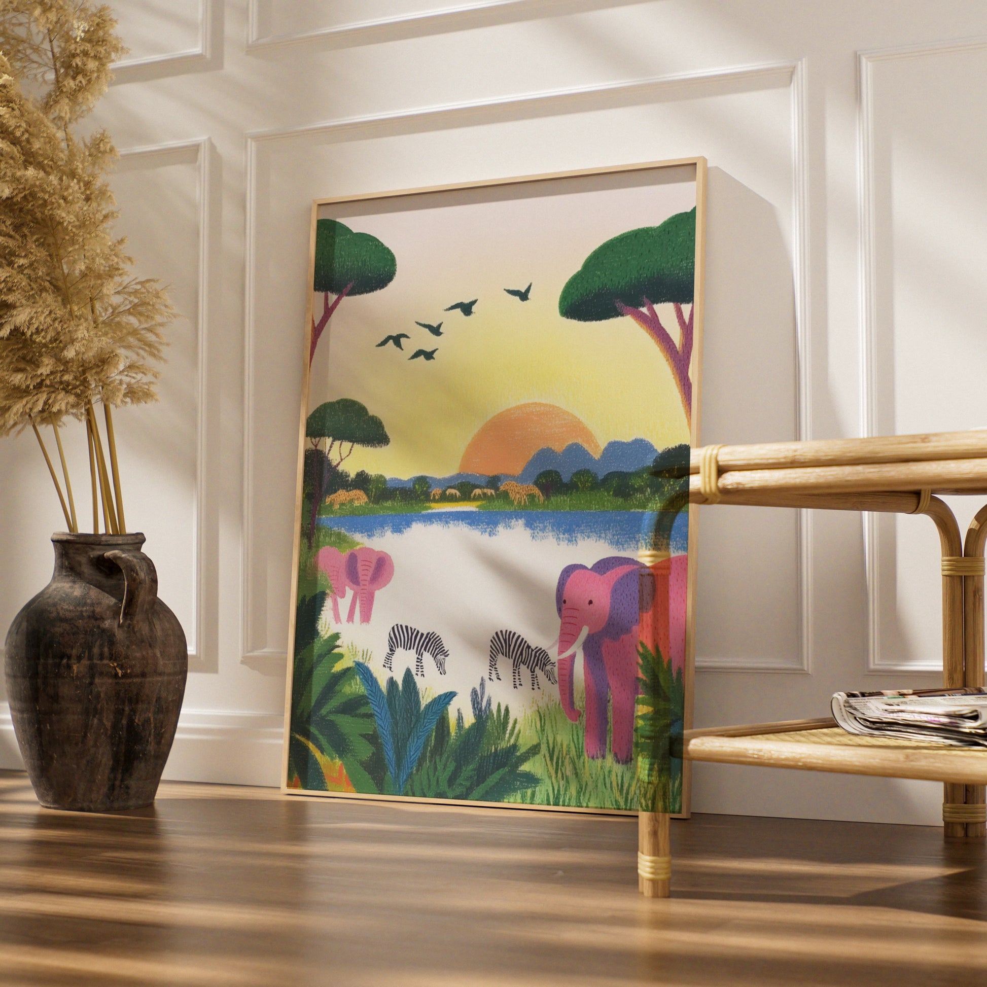 Safari Nursery Wall Art, Elephant Zebra Print, Colourful Animal Poster, Kids Room Decor