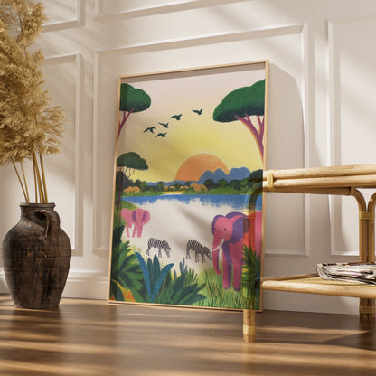 Safari Nursery Wall Art, Elephant Zebra Print, Colourful Animal Poster, Kids Room Decor