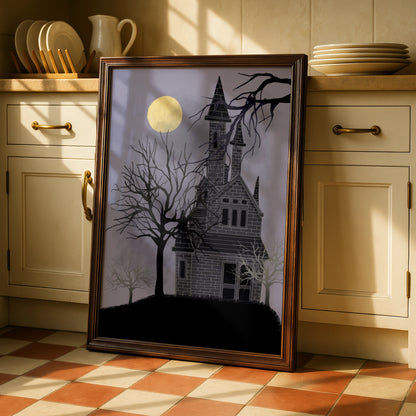 Haunted House Halloween Art Print, Spooky Full Moon Poster, Dark Gothic Wall Art