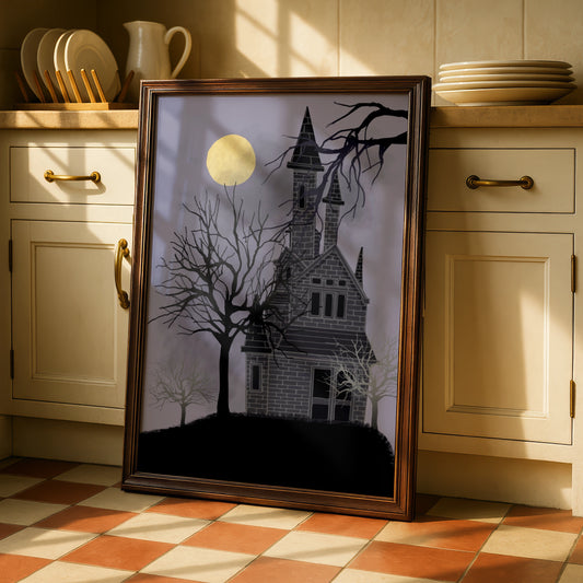 Haunted House Halloween Art Print, Spooky Full Moon Poster, Dark Gothic Wall Art