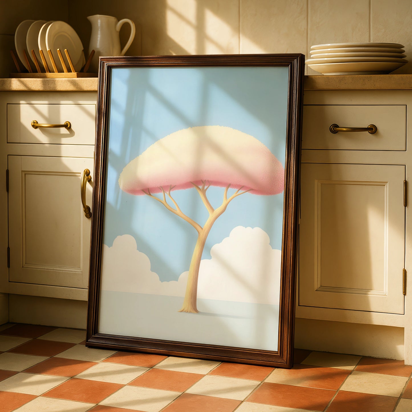 Nursery Tree Wall Art, Pink Pastel Baby Room Print, Minimalist Kids Poster, Blue Sky