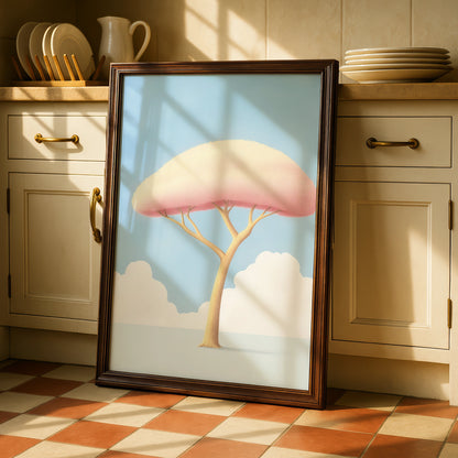 Nursery Tree Wall Art, Pink Pastel Baby Room Print, Minimalist Kids Poster, Blue Sky