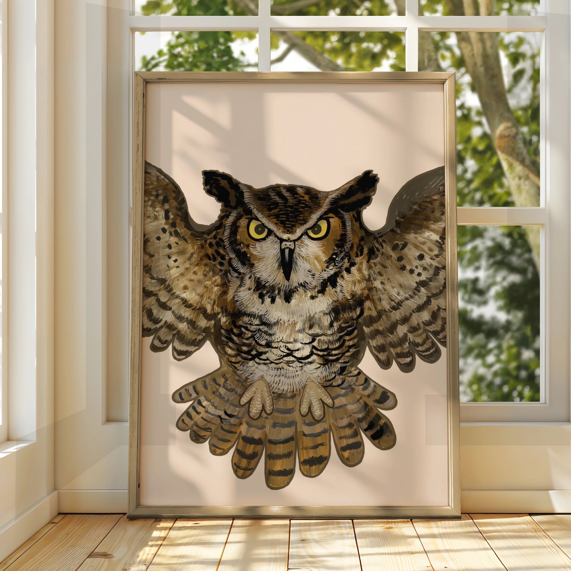 Halloween Owl Poster, Spooky Owl Wall Art, Great Horned Owl Print, Brown Bird Art