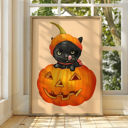 Halloween Black Cat Pumpkin Poster, Jack O Lantern Cat Wall Art, Spooky Cute Cat Print