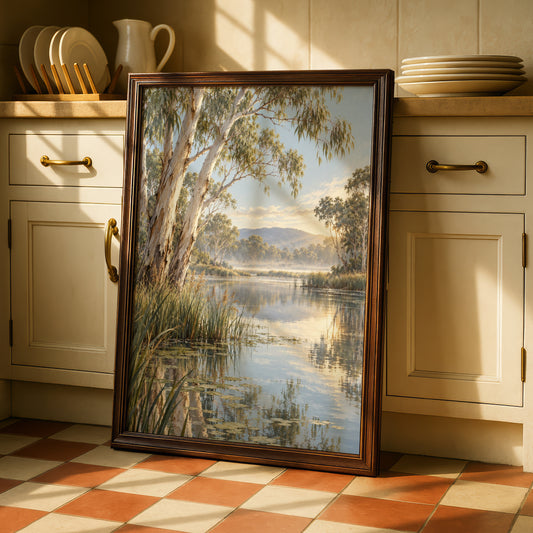 Australian River Landscape Print, Eucalyptus Gum Tree Wall Art, Misty Waterway Poster
