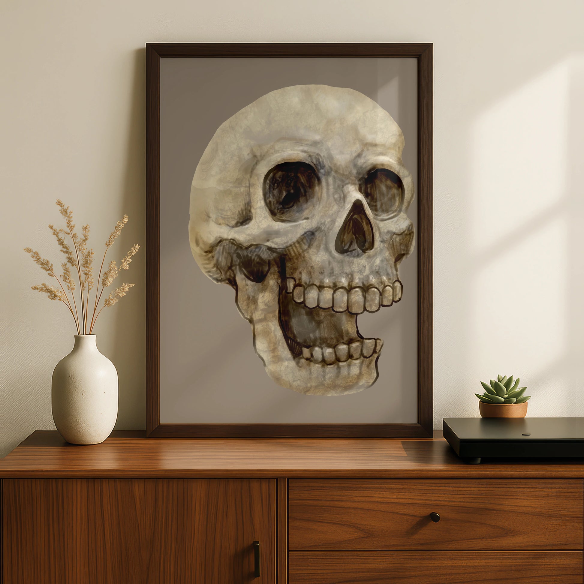 Halloween Skull Art Print, Spooky Skeleton Poster, Dark Gothic Wall Art, Beige Taupe Horror Decor