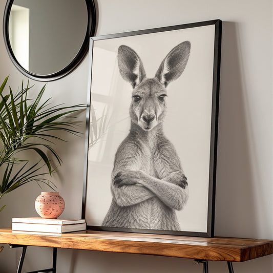 Kangaroo Portrait Print, Arms Crossed Australian Wall Art, Black White Animal Poster — Digital Download