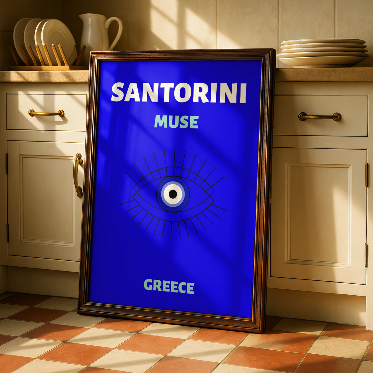 Santorini Greece Travel Poster, Evil Eye Wall Art, Greek Island Print, Blue Retro Decor