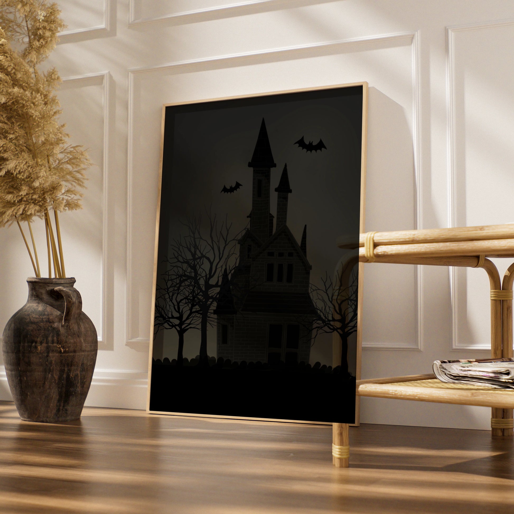 Halloween Haunted House Poster, Spooky Bat Wall Art, Dark Gothic Horror Print, Creepy Home Decor
