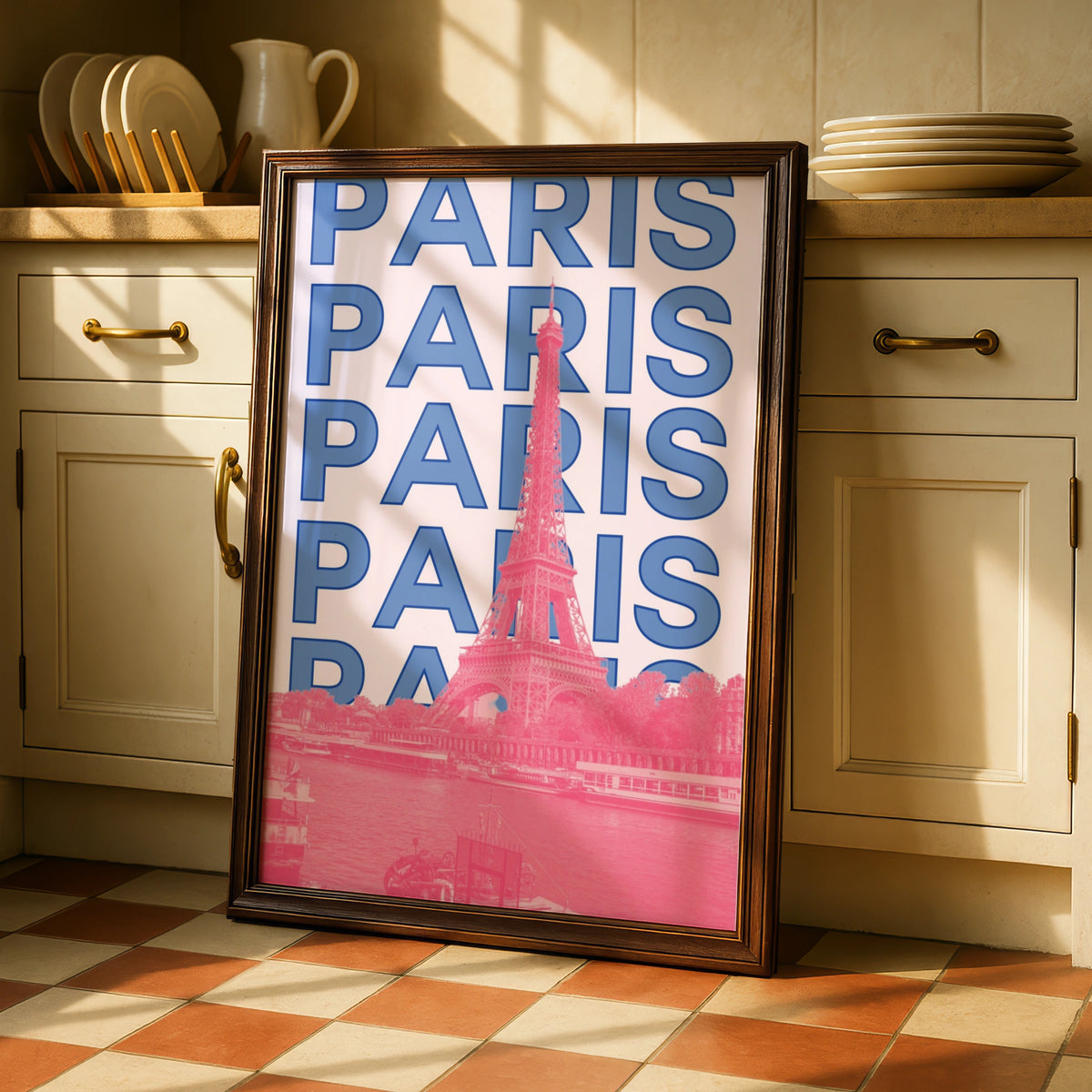 Paris Travel Poster, Eiffel Tower Wall Art, Retro France Print, Pink Blue Modern City Decor