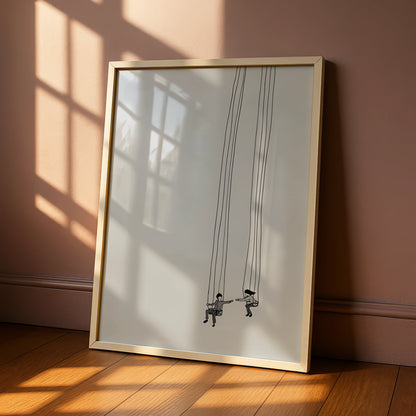 Couple on Swings Monochrome Wall Art, Minimalist Black and White Poster, Modern Neutral Print