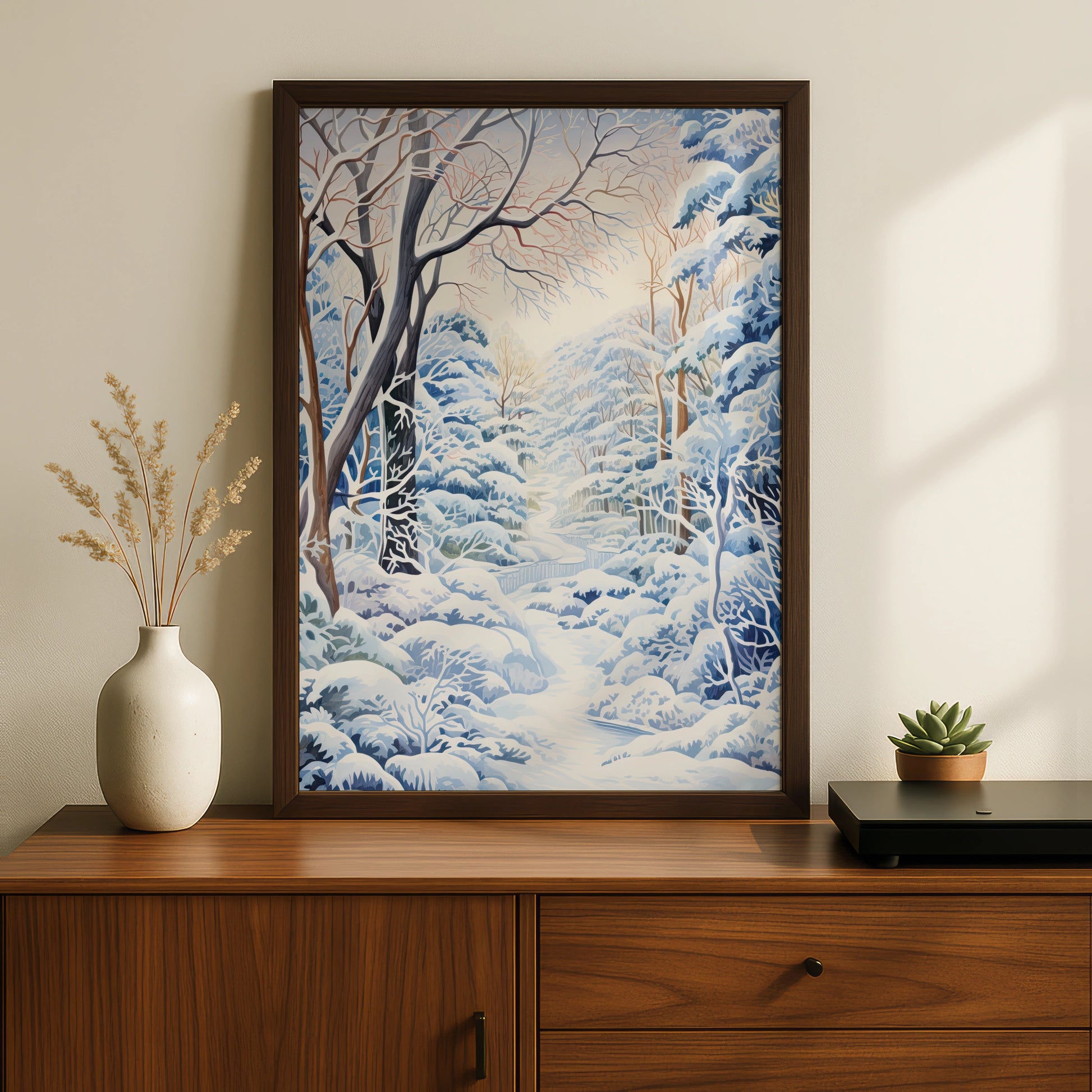 Winter Forest Christmas Poster, Snowy Woodland Wall Art, Blue White Nature Print