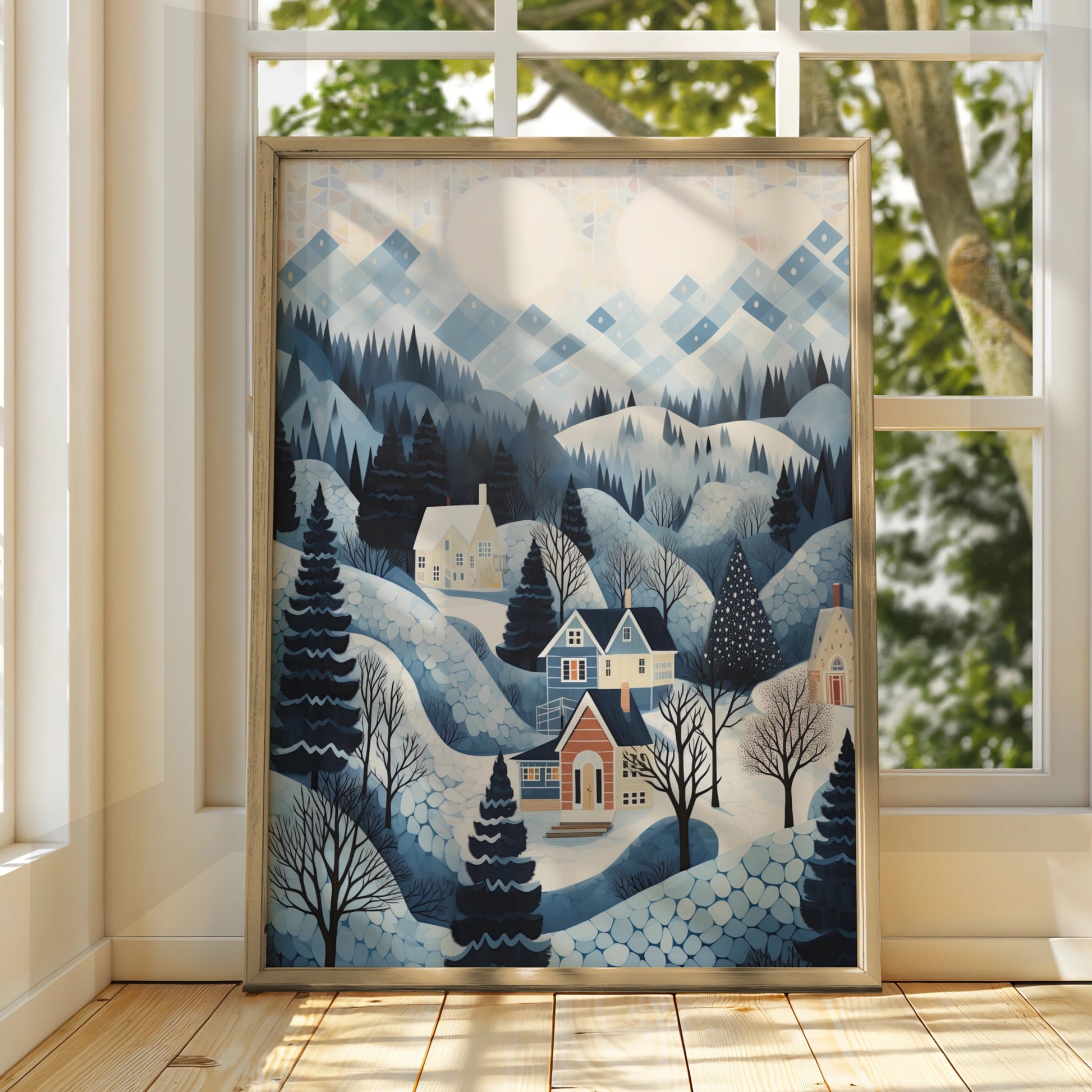 Christmas Winter Village Poster, Snowy Landscape Art Print, Blue Festive Wall Art, Holiday Home