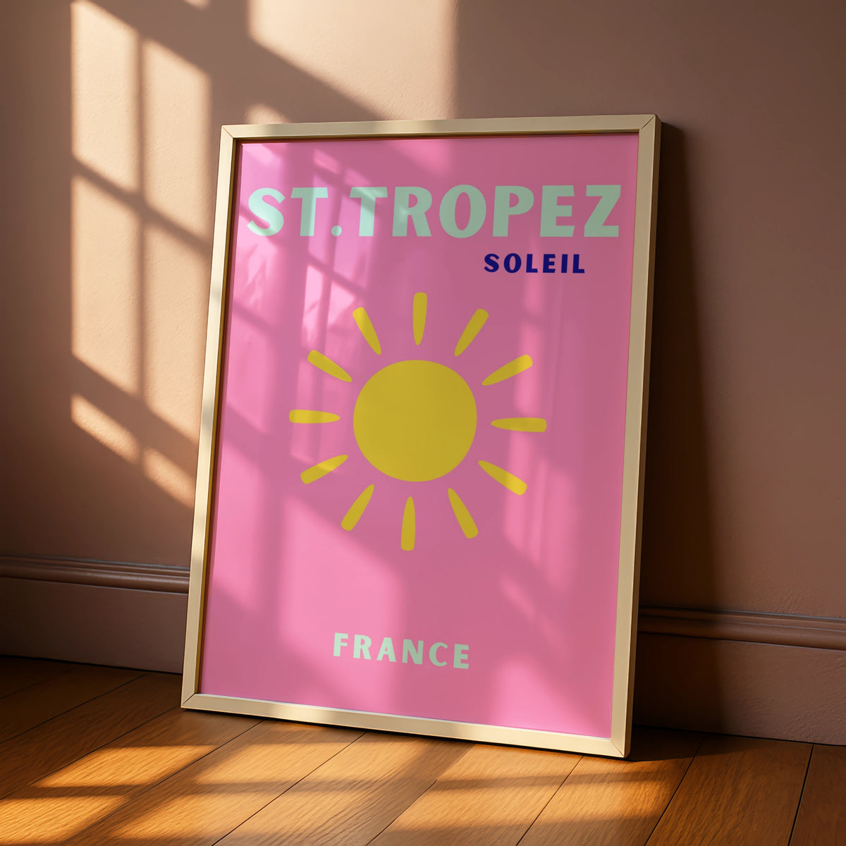 St Tropez Travel Poster, France Wall Art, Retro Sun Print, Pink French Riviera Decor