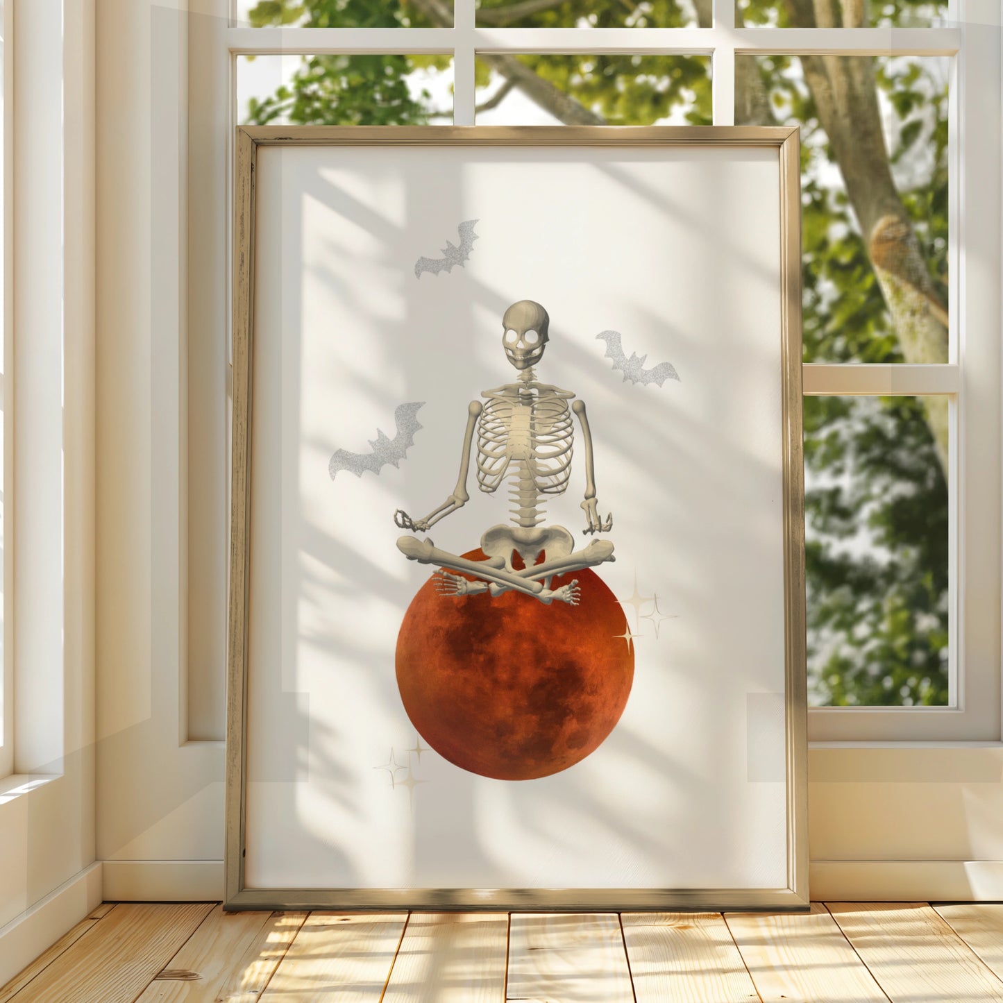 Halloween Skeleton Meditation Poster, Blood Moon Wall Art, Spooky Yoga Print, Bats Decor