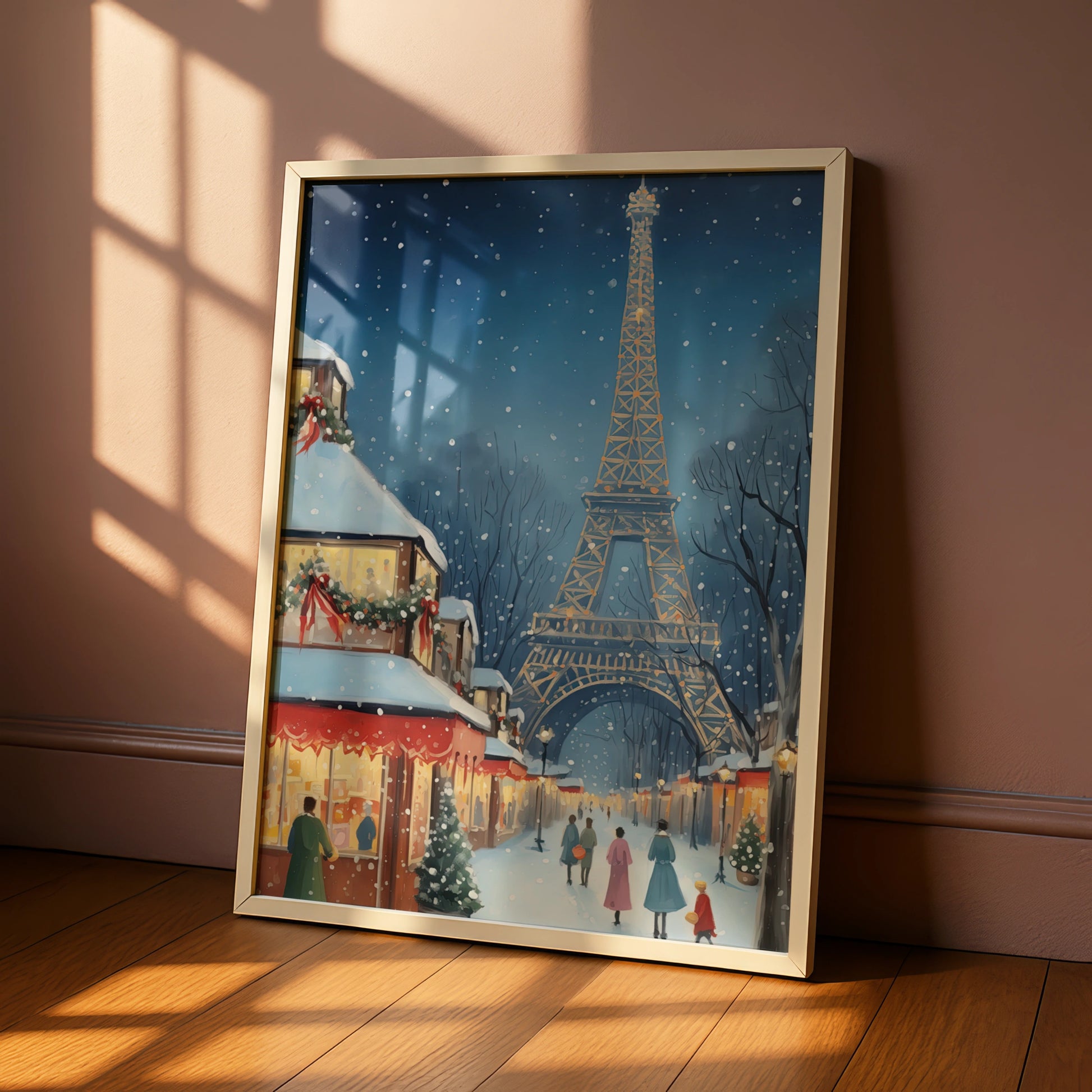 Paris Christmas Poster, Eiffel Tower Winter Snow Scene, French Holiday Wall Art Print