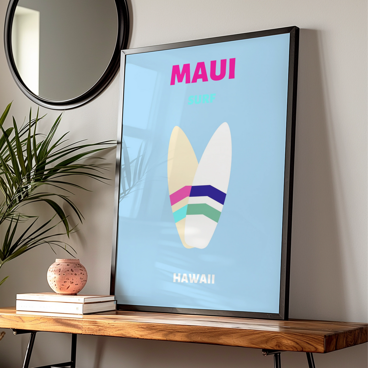 Maui Hawaii Travel Poster, Surf Wall Art, Retro Surfboard Print, Beach Decor