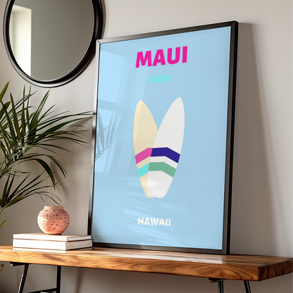 Maui Hawaii Travel Poster, Surf Wall Art, Retro Surfboard Print, Beach Decor