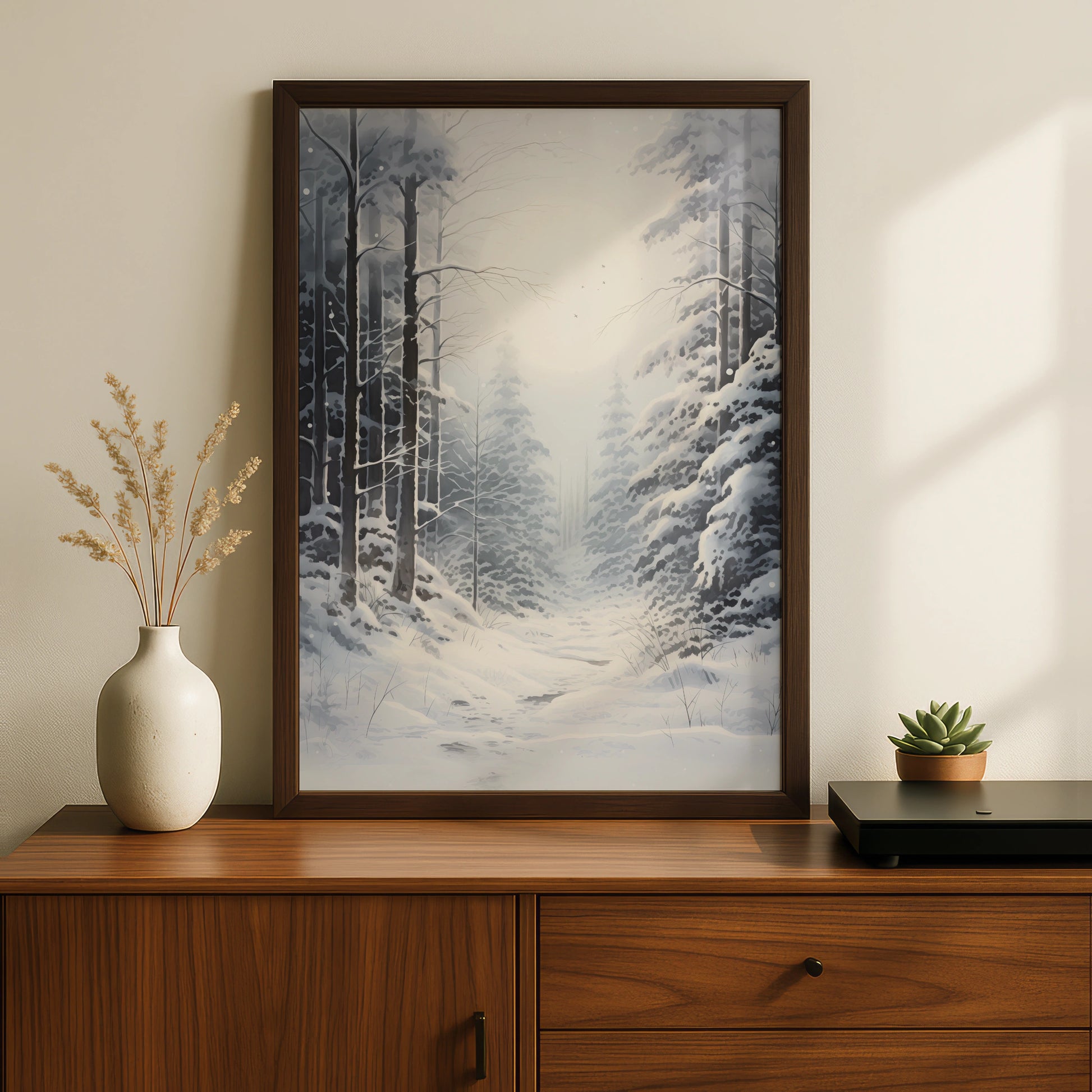Snowy Winter Forest Christmas Poster, Grey White Woodland Wall Art, Festive Nature Print