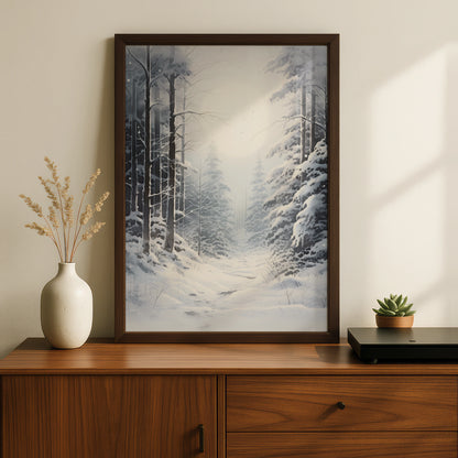 Snowy Winter Forest Christmas Poster, Grey White Woodland Wall Art, Festive Nature Print