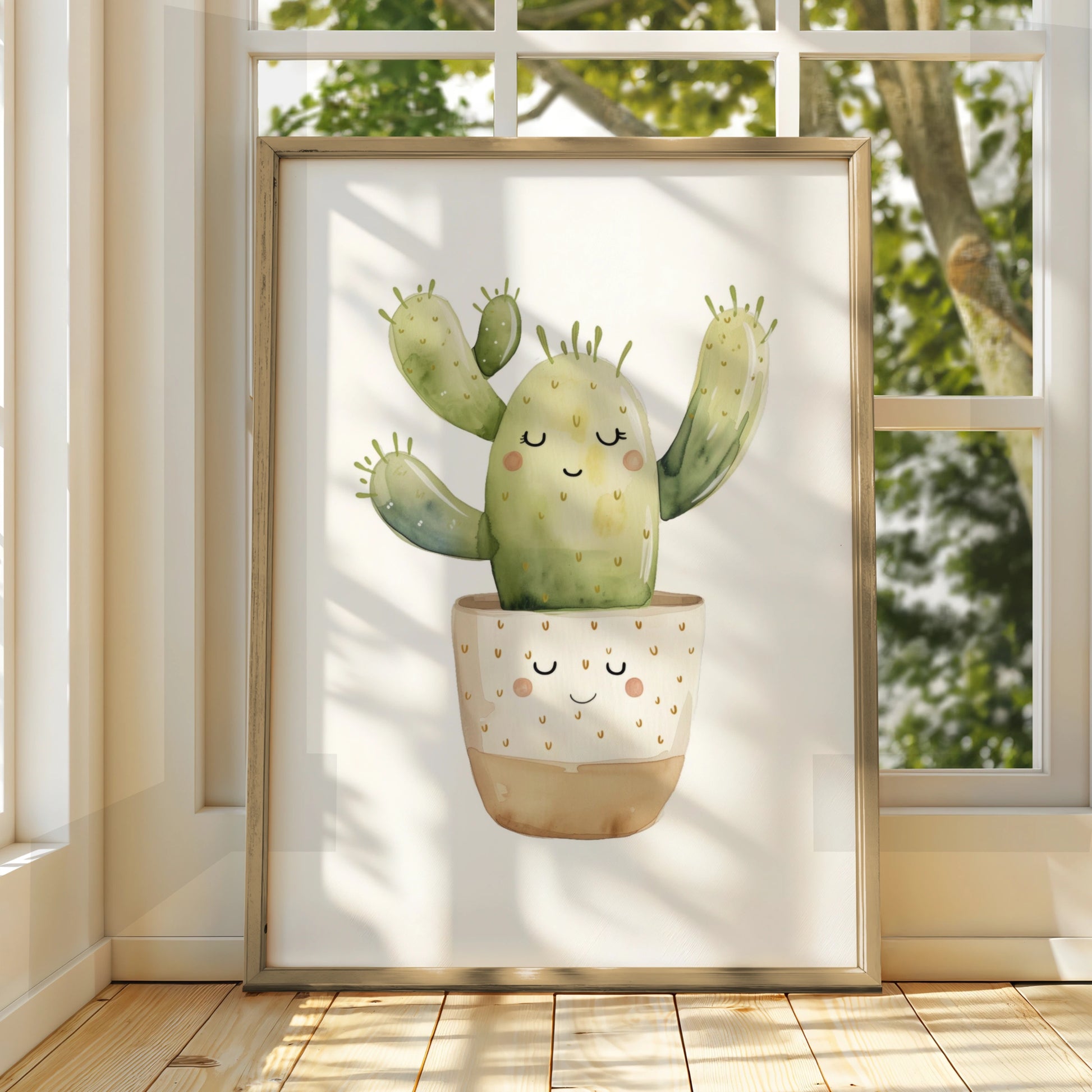 Cute Cactus Nursery Wall Art, Kawaii Watercolour Plant Poster, Kids Room Green Decor Print