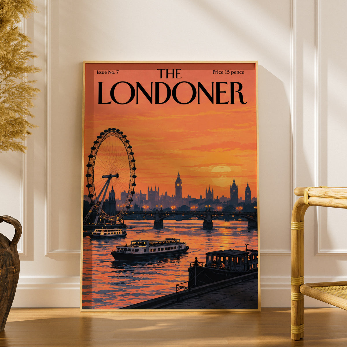 London Skyline Sunset Poster, Thames River Wall Art, Retro Magazine Cover Art Print, Orange Decor