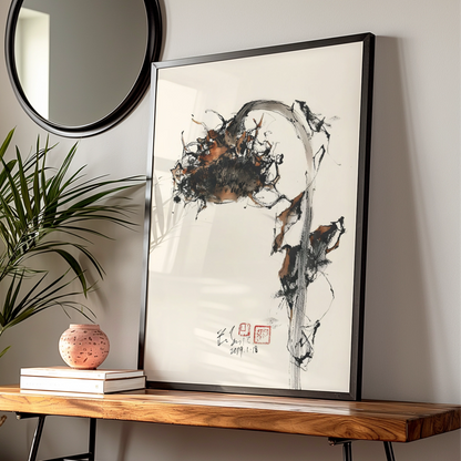 Ink Brush Sunflower Print, Japanese Style Monochrome Wall Art, Abstract Botanical Poster — Digital Download