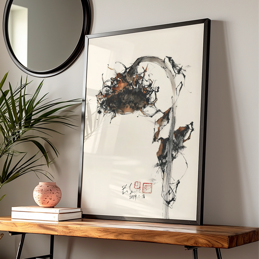 Ink Brush Sunflower Print, Japanese Style Monochrome Wall Art, Abstract Botanical Poster
