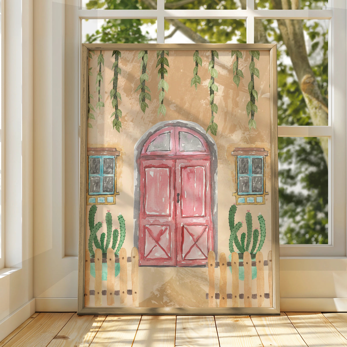Maximalist Boho Door Poster, Watercolour Cactus Wall Art, Eclectic Terracotta Print, Botanical