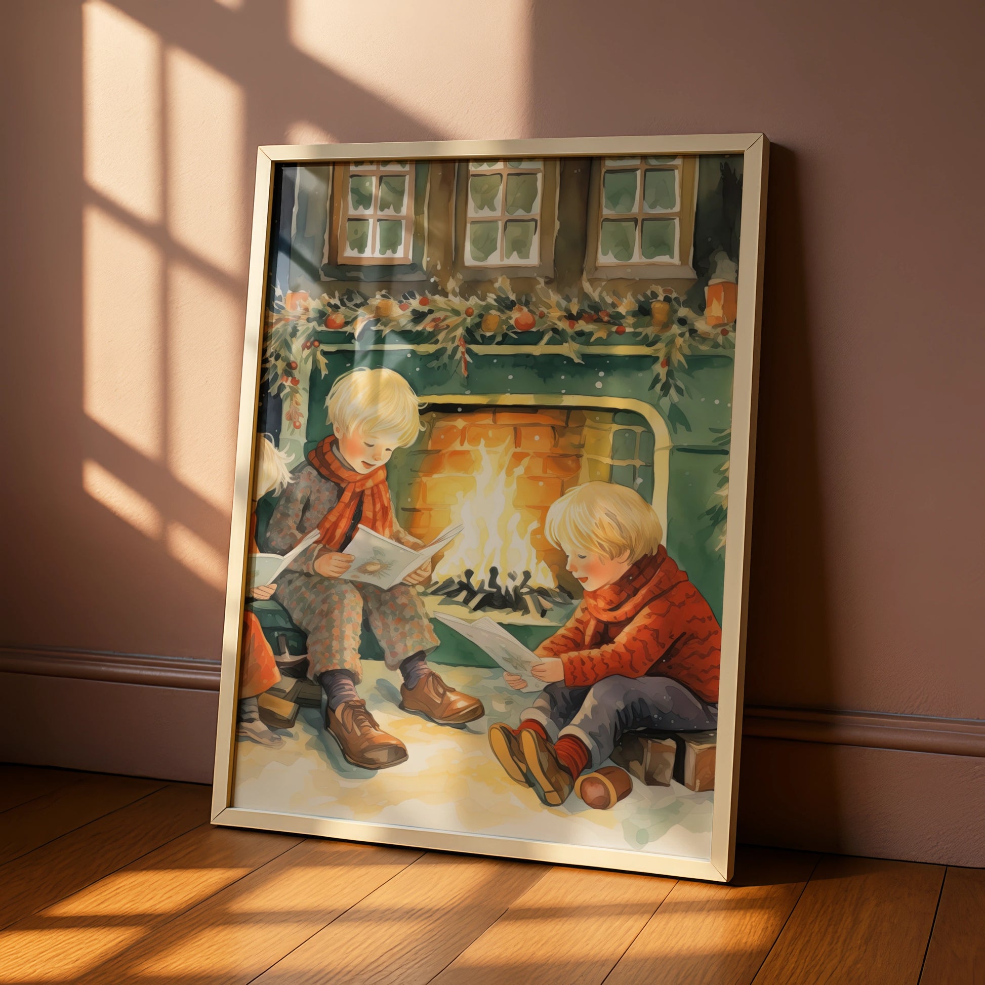 Christmas Fireplace Poster, Children Reading by Fire, Vintage Festive Wall Art Print