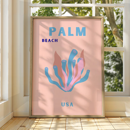 Palm Beach USA Travel Poster, Florida Wall Art, Retro Coral Print, Pastel Beach Decor