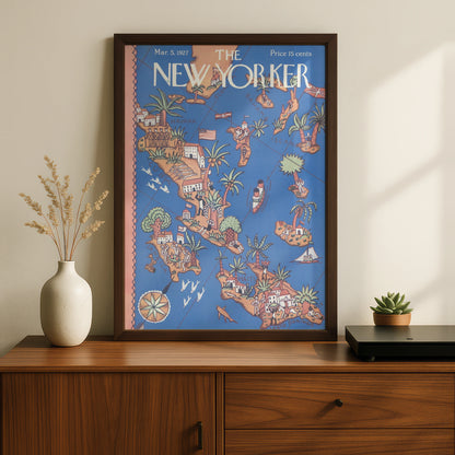 New Yorker 1927 Caribbean Map Cover Poster, Havana Cuba Jamaica Haiti Vintage Art