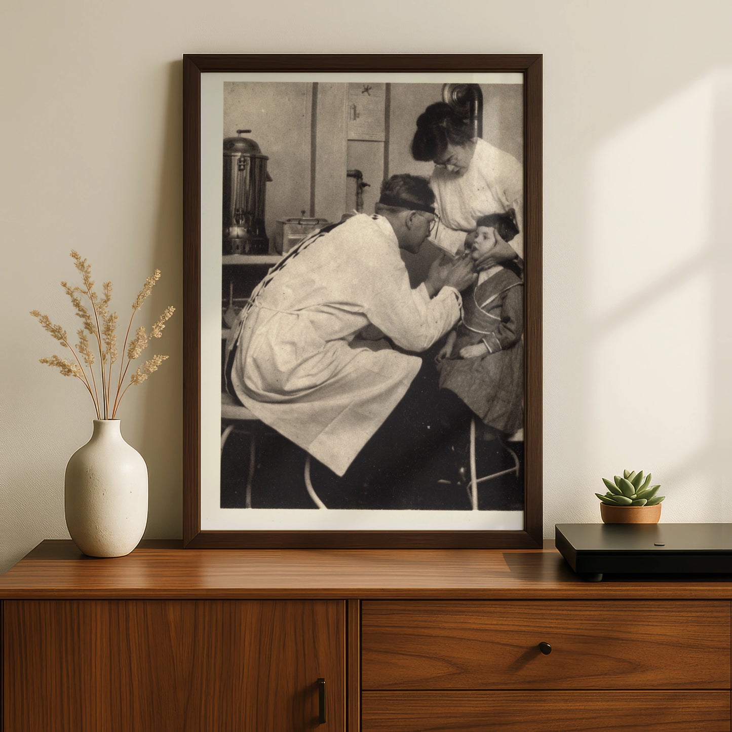 Vintage Doctor Examining Child Poster, Antique Medical Black White Photography Wall Art