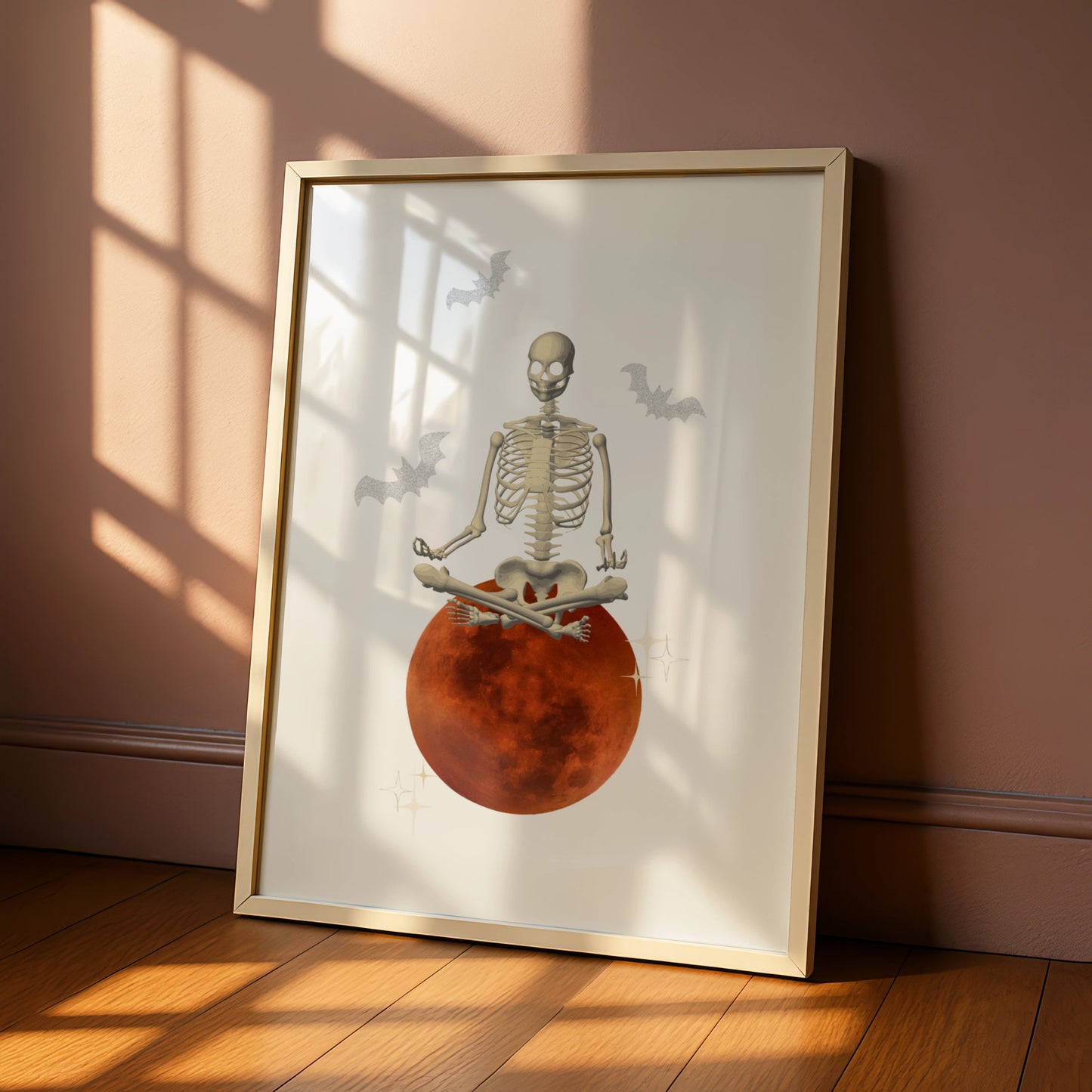 Halloween Skeleton Meditation Poster, Blood Moon Wall Art, Spooky Yoga Print, Bats Decor