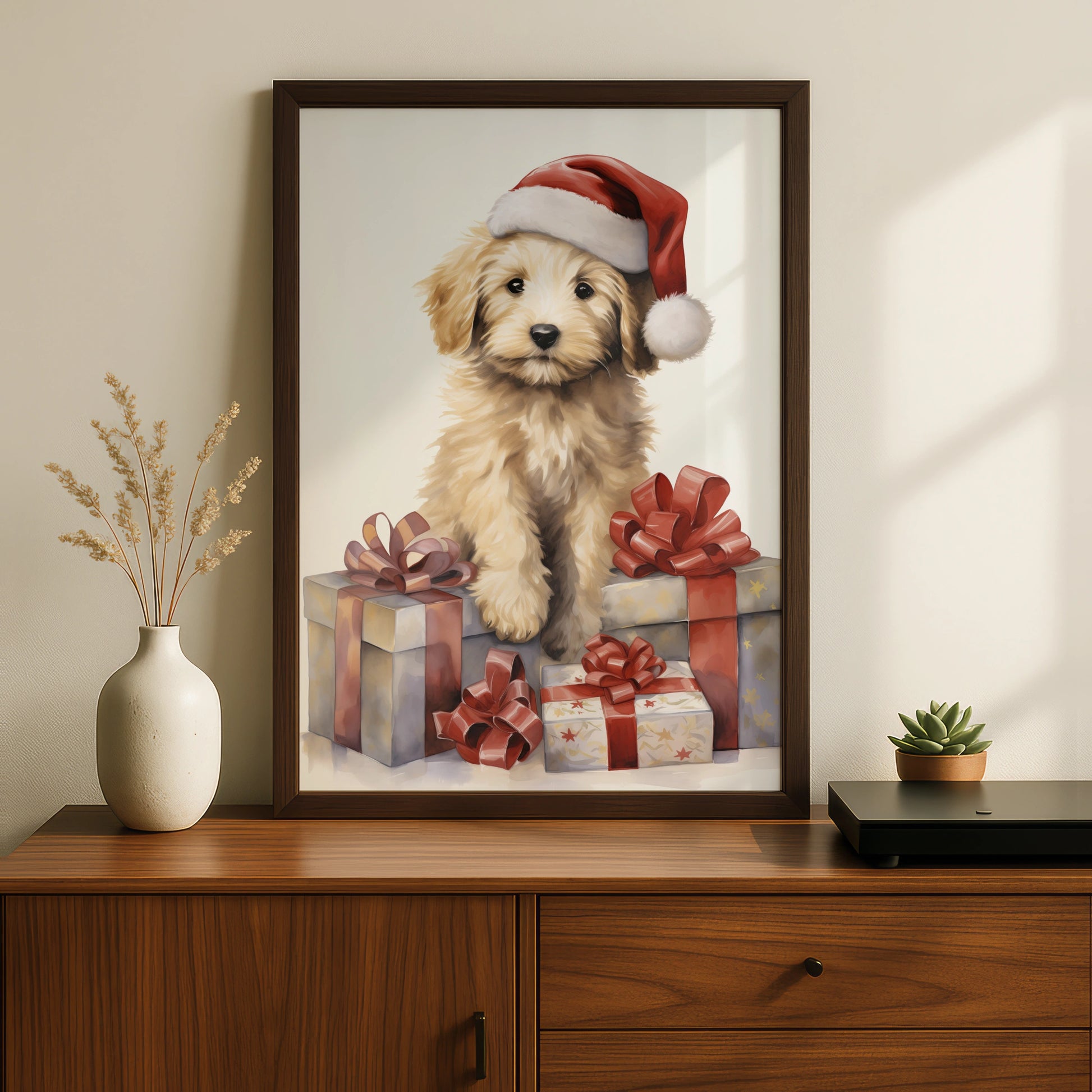 Christmas Puppy Poster, Goldendoodle Santa Hat Print, Festive Dog Wall Art Gift