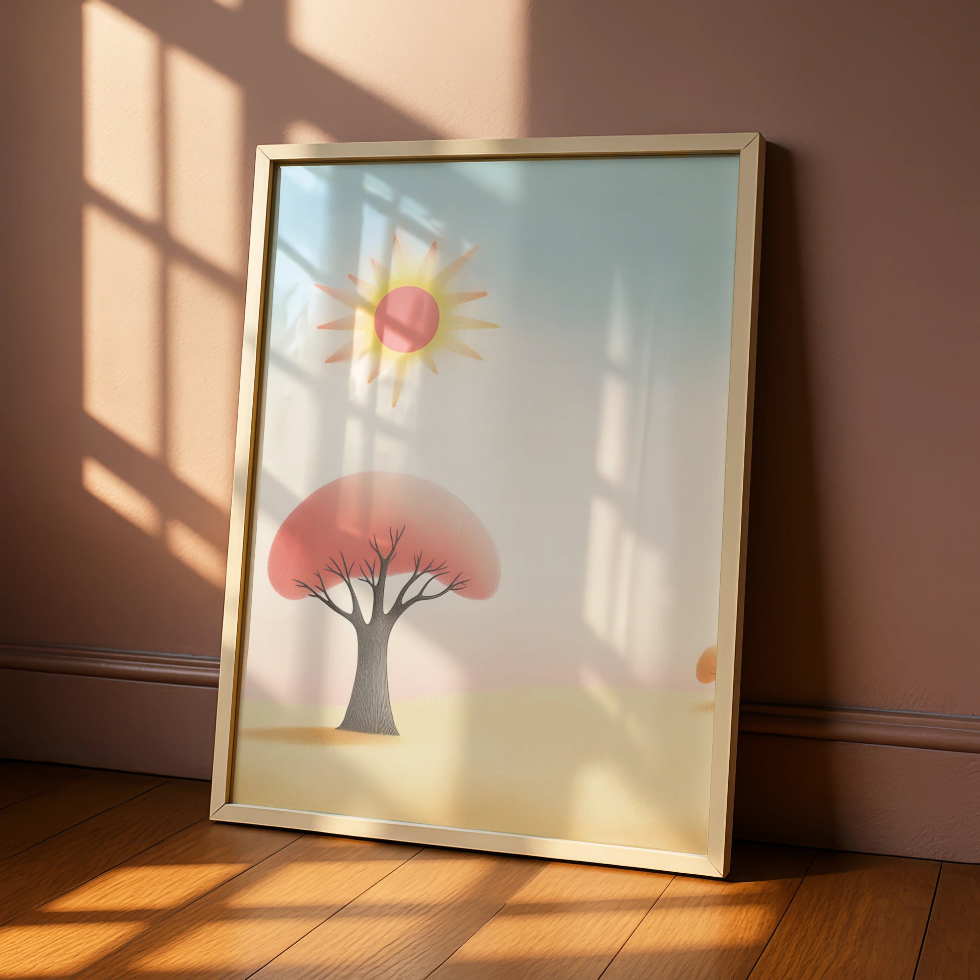 Nursery Wall Art Sun and Tree Print, Pastel Kids Room Poster, Soft Boho Baby Decor