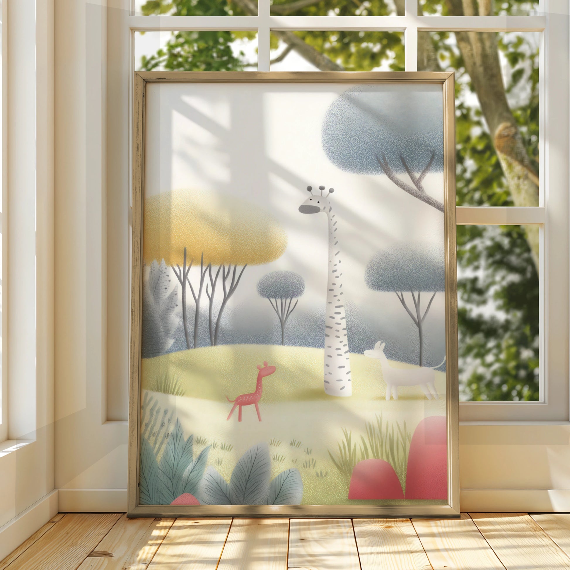 Giraffe Nursery Wall Art, Pastel Safari Print, Baby Animal Poster, Kids Room Decor