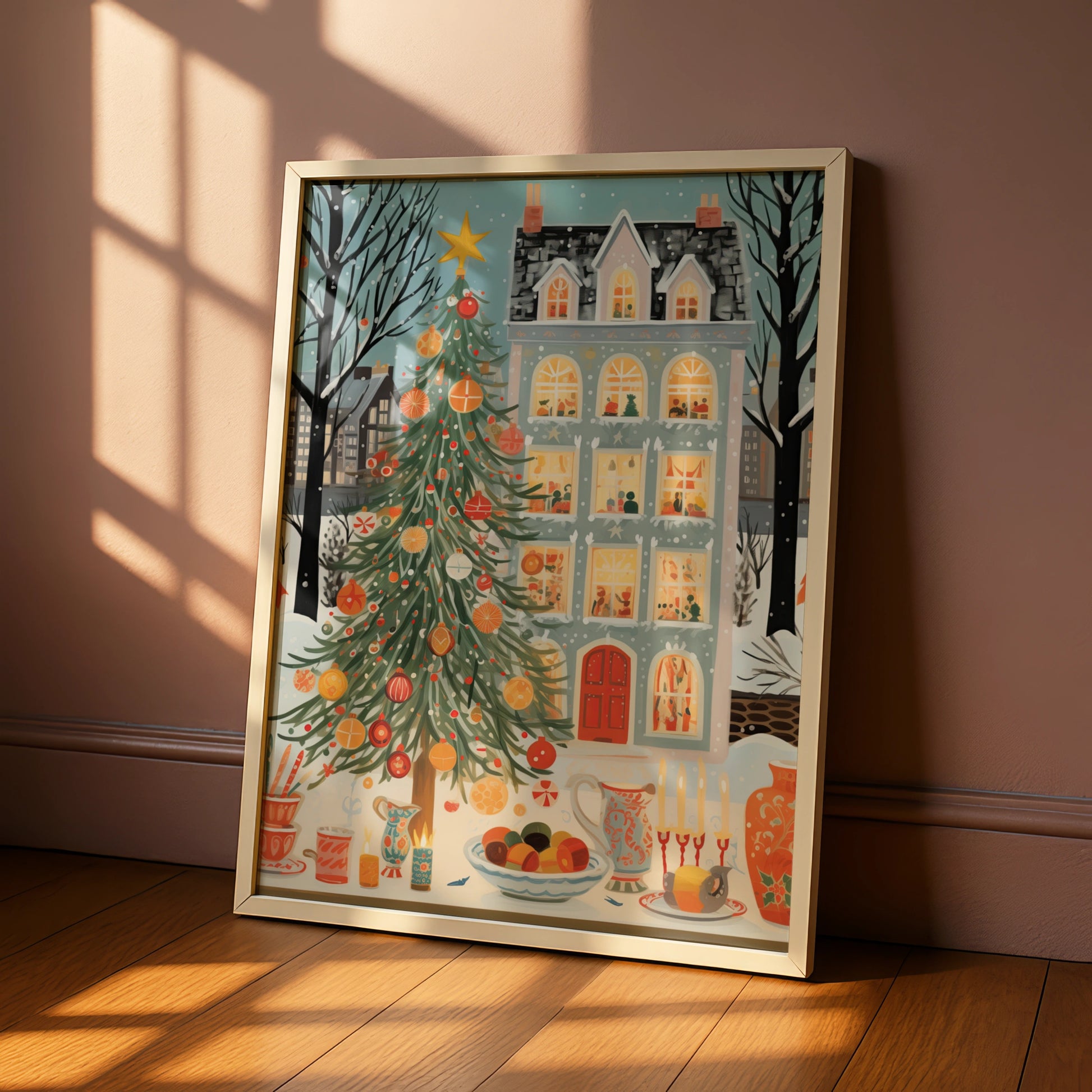 Christmas Tree Poster, Festive Winter Street Scene, Cosy Holiday Wall Art Print