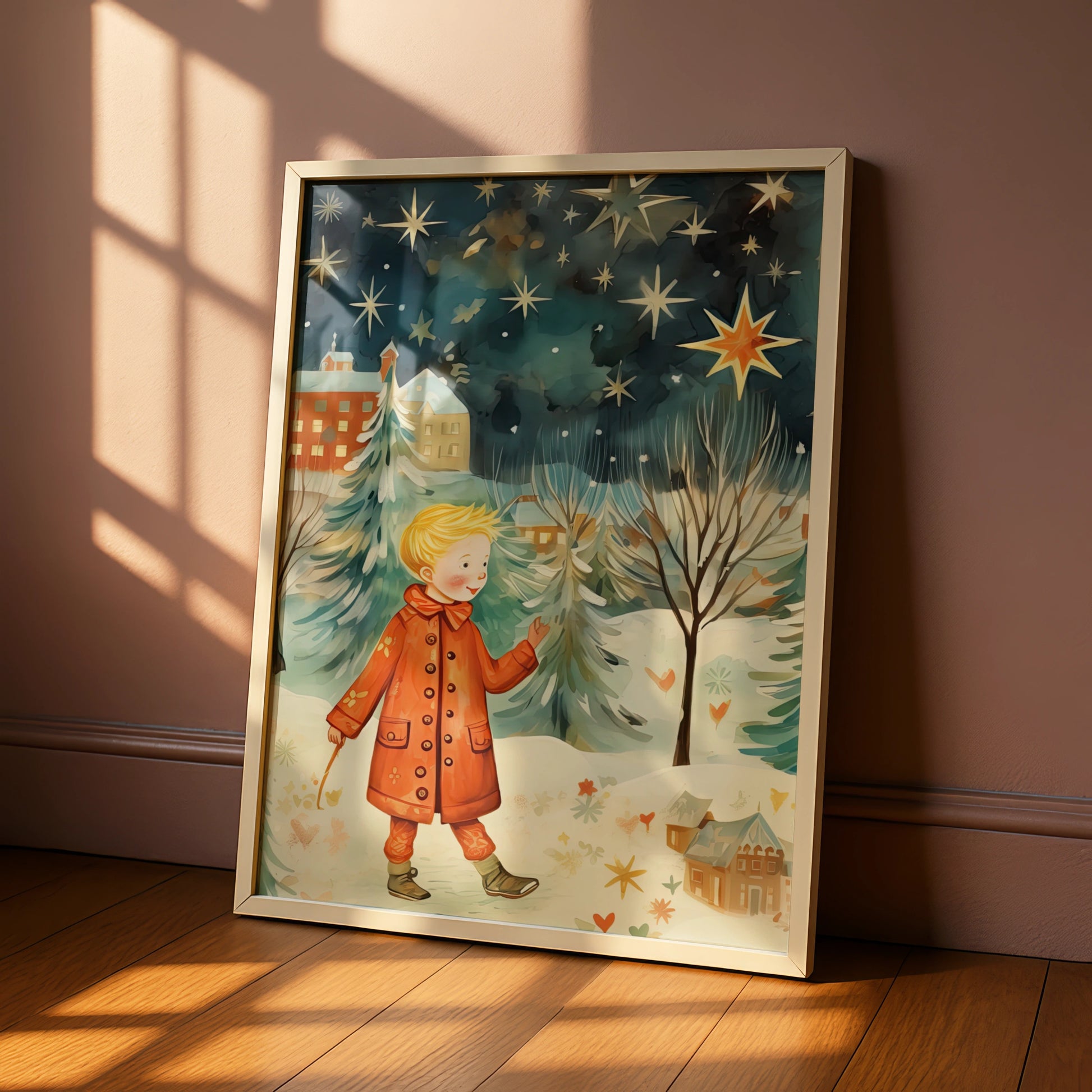 Christmas Poster Boy in Snow, Festive Winter Stars Wall Art, Whimsical Holiday Print for Kids