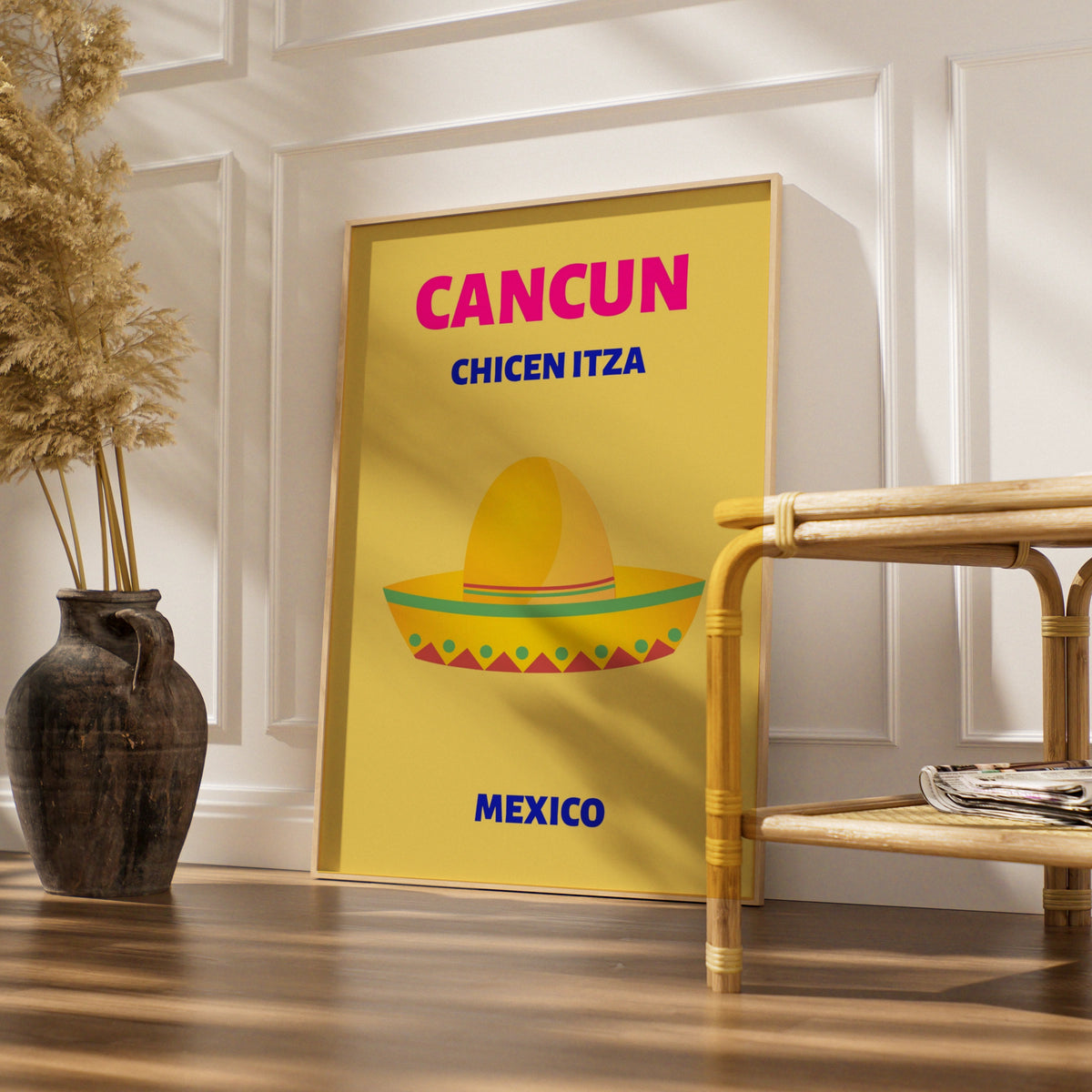 Cancun Mexico Travel Poster, Chichen Itza Wall Art, Retro Mexican Print, Bold Colourful Decor