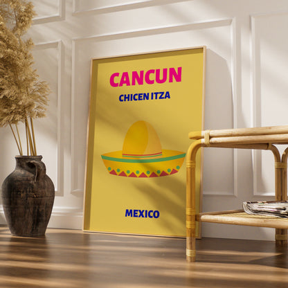 Cancun Mexico Travel Poster, Chichen Itza Wall Art, Retro Mexican Print, Bold Colourful Decor