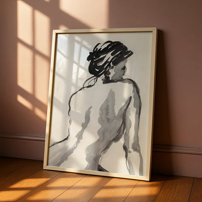 Female Figure Ink Sketch Print, Monochrome Wall Art, Minimalist Black and White Poster