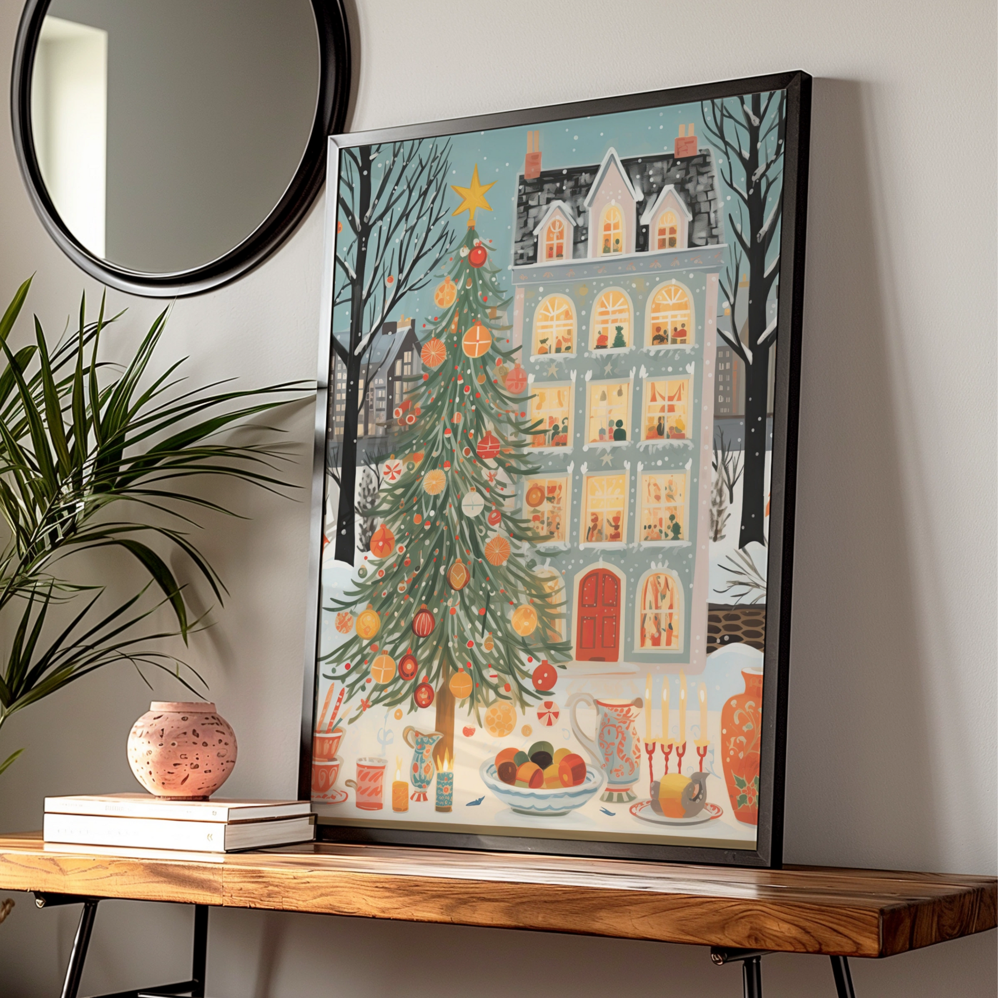 Christmas Tree Poster, Festive Winter Street Scene, Cosy Holiday Wall Art Print