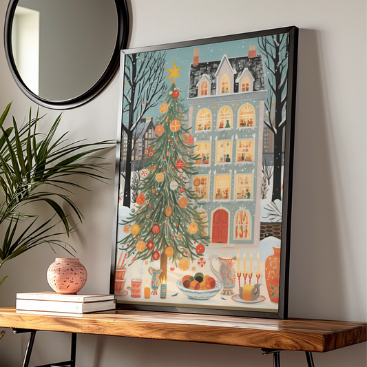 Christmas Tree Poster, Festive Winter Street Scene, Cosy Holiday Wall Art Print