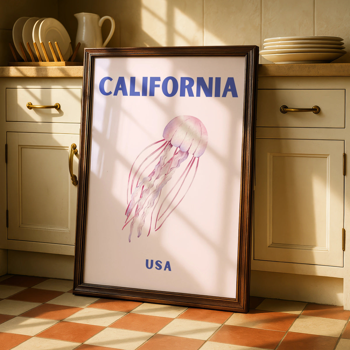California Travel Poster USA, Jellyfish Wall Art, Retro Ocean Print, Coastal Pink Decor