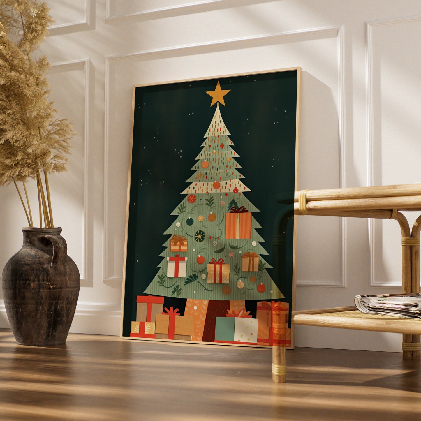 Christmas Tree Poster, Festive Gift Wall Art, Retro Xmas Print, Green Red Holiday Home Decor