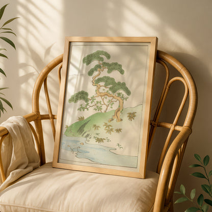 Japanese Pine Tree Woodblock Wall Art, Vintage Japandi Botanical Print, Minimalist Japanese Poster – A5 White frame