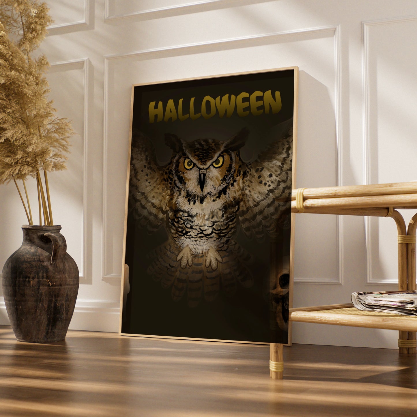 Halloween Owl Poster, Spooky Owl Wall Art, Dark Gothic Print, Skull Candle Decor