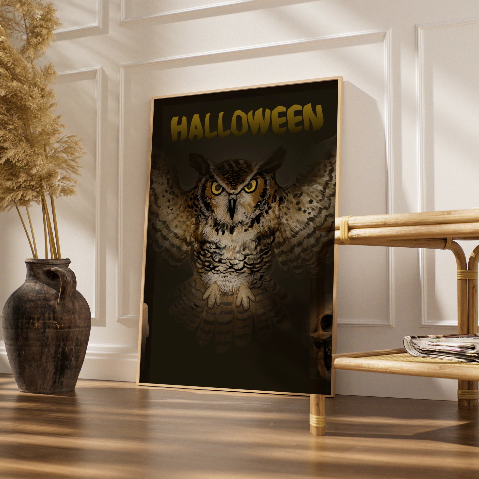Halloween Owl Poster, Spooky Owl Wall Art, Dark Gothic Print, Skull Candle Decor
